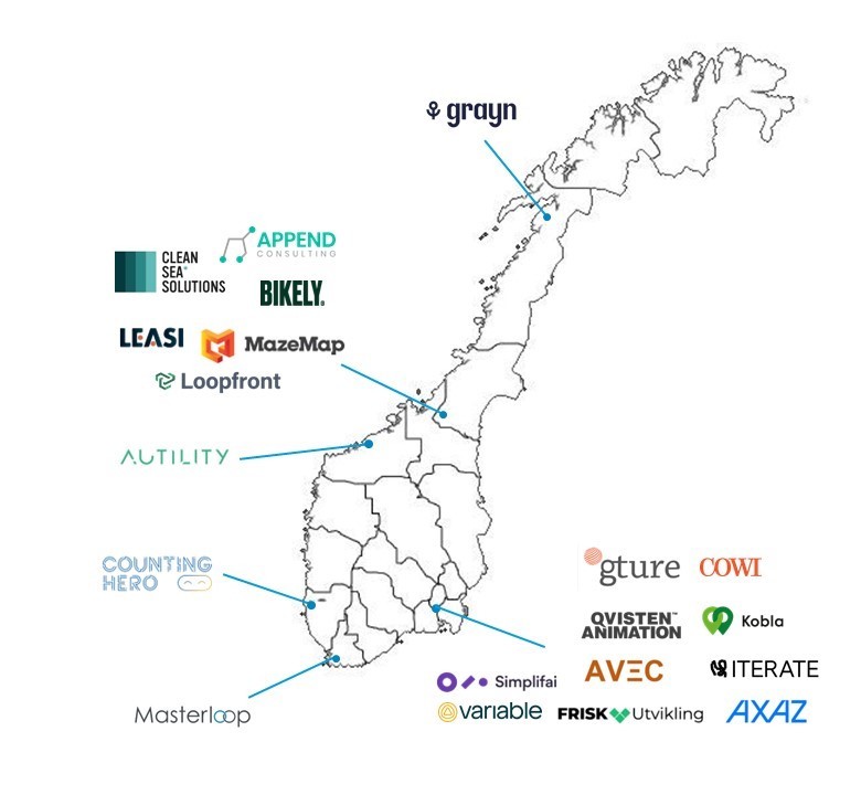 Kart over Norge med logoer av leverandørene som har utviklet løsninger i StartOff. Fra Bodø i nord til Kristiansand i sør befinner følgende leverandører seg: Grayn, Append consulting, Bikely, Clean Sea Solution, Bikely, Leasi, Mazemap, Loopfront, Autility, Counting Hero, Gture, Cowi, Qvisten animation, Kobla, Avec, Iterate, Simplifai, Variable, Firsk utvikling og Axaz.